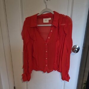 Mauve Coral-Red Ruffle Button-Front Blouse